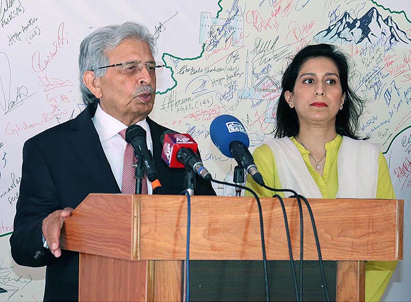 Federal Minister for Education, Professional Training Rana Tanveer Hussain addressing the press conference after the Annual council meeting of NCC SECRETARIAT. Provincial Ministers of Education and Members of Parliament will also be in attendance at National Curriculum Council secretariat H-9/4.