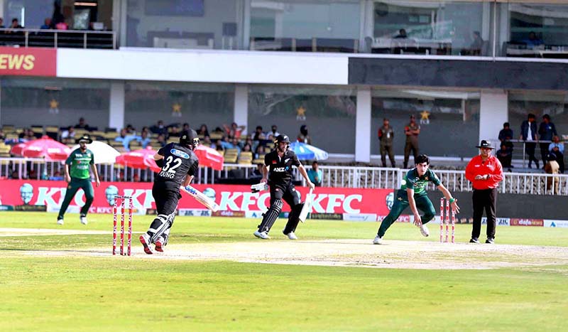 The Pakistani and New Zealand cricket players were seen in action during the first One Day International (ODI) match held at the Pindi Cricket Stadium