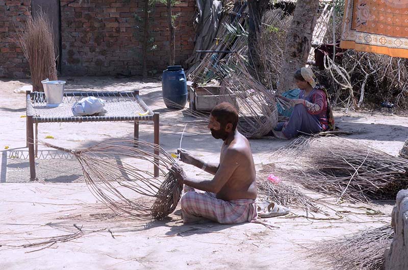 Gypsy family making traditional baskets with dry branches of trees at their workplace