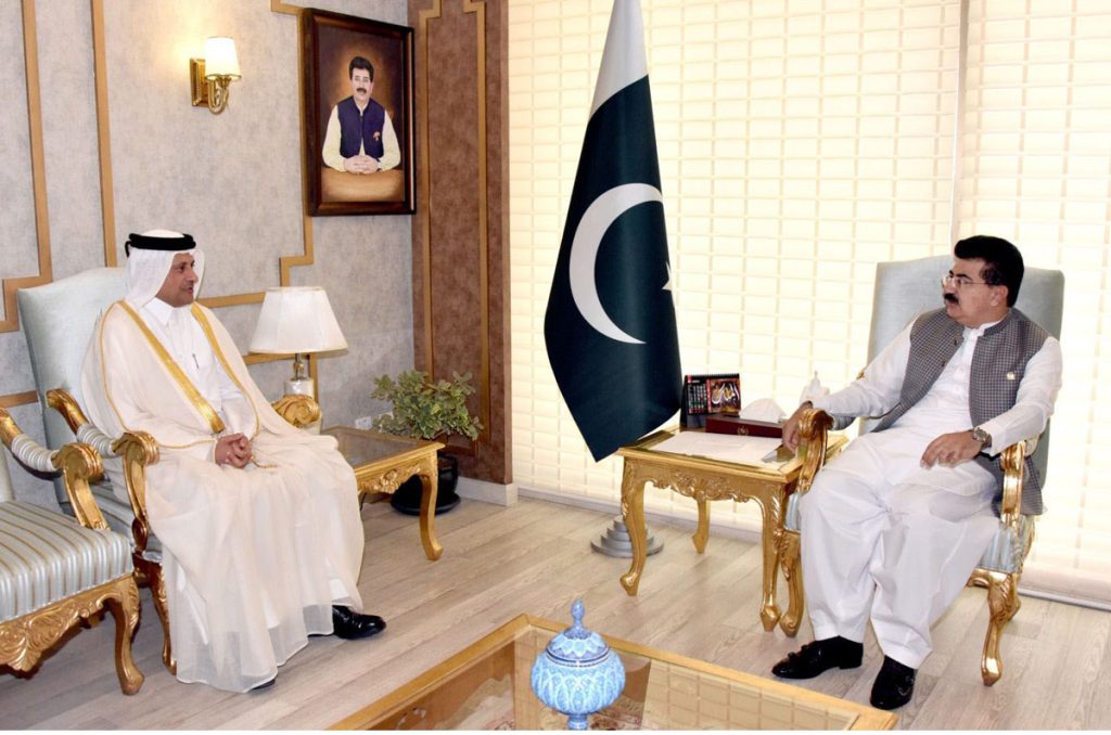 Chairman Senate, Muhammad Sadiq Sanjrani exchanging views with Sheikh Saoud Bin Abdul Rehman al Thani, Ambassador of the State of Qatar to Pakistan, at Parliament House.
