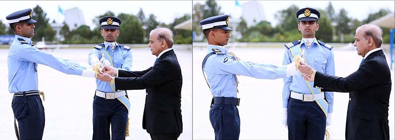 Prime Minister of Pakistan Muhammad Shehbaz Sharif awarding Sword of Honour for Overall Best Performance at PAF Academy Asghar Khan