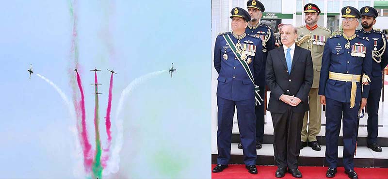 Prime Minister of Pakistan Muhammad Shehbaz Sharif and Air Chief Marshal Zaheer Ahmed Baber Sidhu Chief of the Air Staff Pakistan Air Force witnessing the stunning aerobatics display performance by team Sherdils at the Graduation Ceremony held at PAF Acedemy Asghar Khan