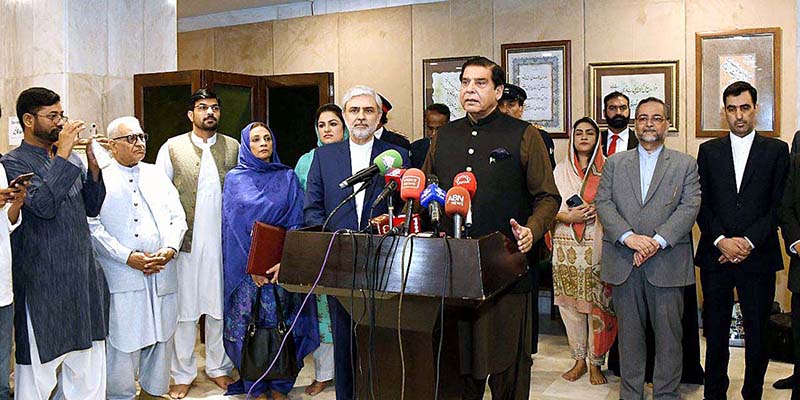 Speaker National Assembly Raja Pervez Ashraf talking to Media Persons after inaugurating the Exhibition of rare Manuscripts of the Holy Quran in-connection with the Golden Jubilee Celebrations of the Constitution of Islamic Republic of Pakistan at Parliament House.