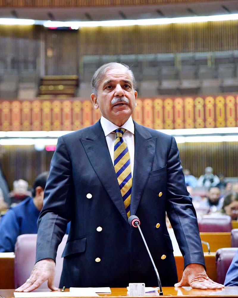 Prime Minister Muhammad Shehbaz Sharif addresses a session of the National Assembly