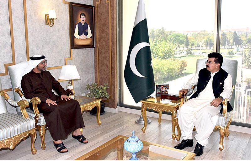 Chairman Senate, Muhammad Sadiq Sanjrani exchanging views with Mr. Hamad Obaid Ibrahim Salem Al-Zaabi, Ambassador of the United Arab Emirates to Pakistan at Parliament House