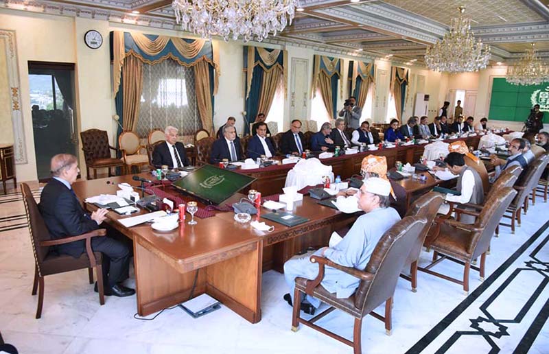 Prime Minister Muhammad Shehbaz Sharif chairs a meeting of the heads of coalition parties at PM House