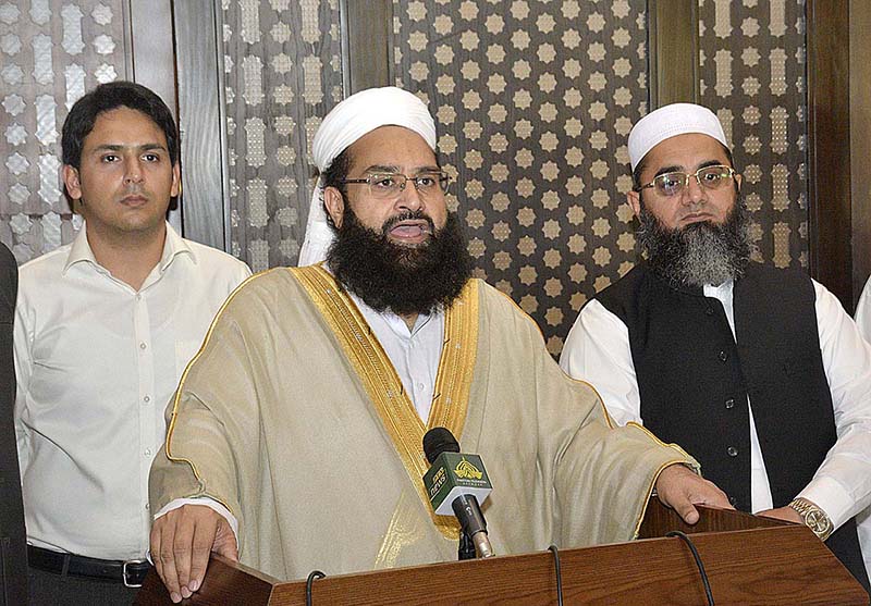 Hafiz Tahir Mahmood Ashrafi, Chairman Pakistan Ulema Council and Special Representative to PM on Interfaith Harmony addressing a press conference