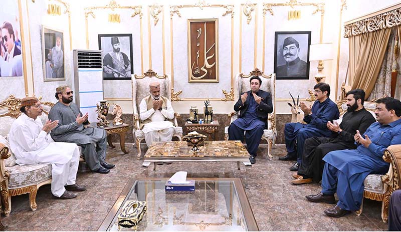 Chairman PPP and Foreign Minister Bilawal Bhutto Zardari along with Sindh Chief Minister Syed Murad Ali Shah offering Fateha after condolence with MNA Syed Fazal Shah Jilani and MPA Syed Ahmed Raza Shah Jilani on sad demise of his mother at Mohalla Ahmedpur in Ranipur