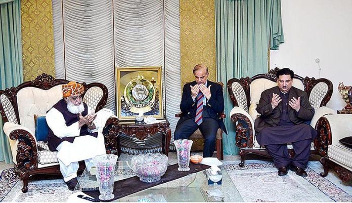 Prime Minister Muhammad Shehbaz Sharif visits the residence of President Jamiat e Ulema e Islam Maulana Fazal ur Rehman to offer condolences on the death of Federal Minister for Religious Affairs Mufti Abdul Shakoor