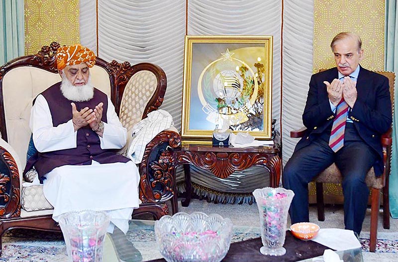 Prime Minister Muhammad Shehbaz Sharif visits the residence of President Jamiat e Ulema e Islam Maulana Fazal ur Rehman to offer condolences on the death of Federal Minister for Religious Affairs Mufti Abdul Shakoor