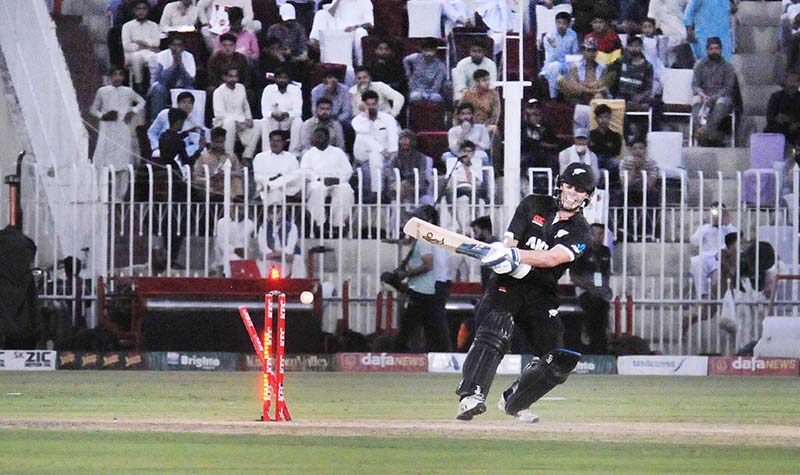 The Pakistani and New Zealand cricket players are seen in action during the first One Day International (ODI) match held at the Pindi Cricket Stadium