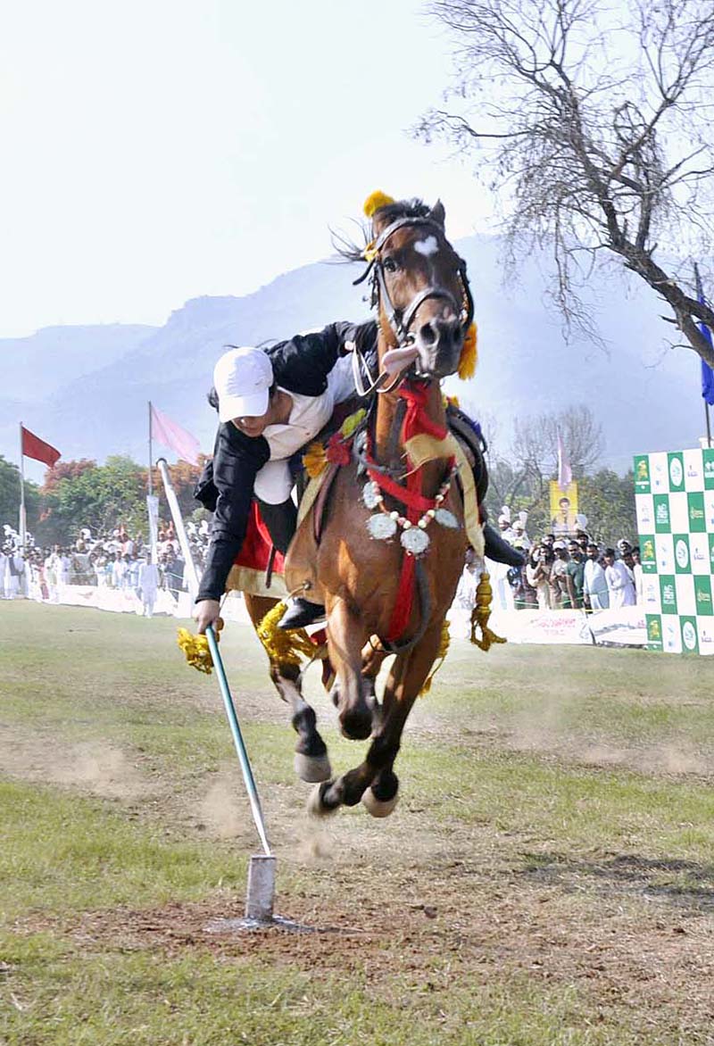 A Participant tries to pierce target with lance during Tent-Pegging Riders Championship at Fatima Jinnah F-9 Park