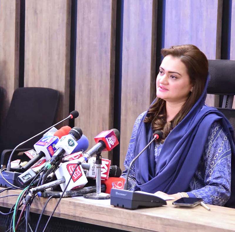 Federal Minister for Information and Broadcasting Marriyum Aurangzeb addressing a press conference