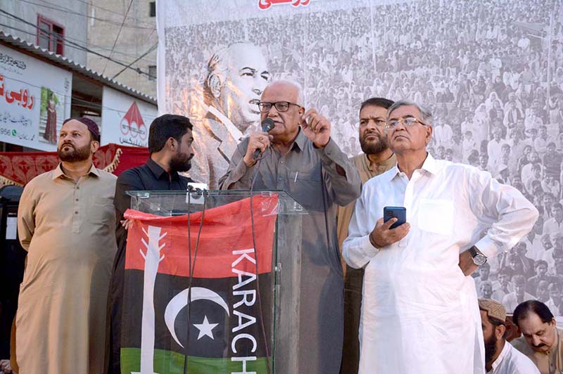 Special Assistant to the Chief Minister Sindh Senator and General Secretary PPP Sindh Syed Waqar Mehdi addressing a public meeting on the occasion of 44th Death Anniversary of Shaheed Zulifiqar Ali Bhutto at District Korangi Crossing