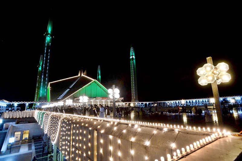 A well decorated view of Faisal Masjid with colourful lights in connection of odd night of 23rd Ramadan