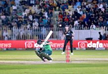 Pakistani batter skips from a bouncer delivery during the first One Day International (ODI) match between Pakistan and New Zealand at the Pindi Cricket Stadium