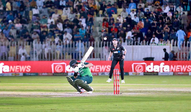 Pakistani batter skips from a bouncer delivery during the first One Day International (ODI) match between Pakistan and New Zealand at the Pindi Cricket Stadium