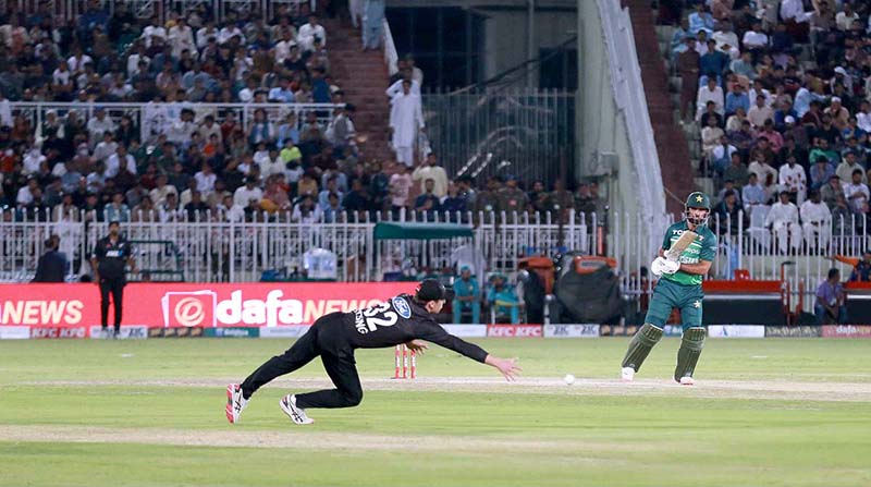 Pakistani batter skips from a bouncer delivery during the first One Day International (ODI) match between Pakistan and New Zealand at the Pindi Cricket Stadium