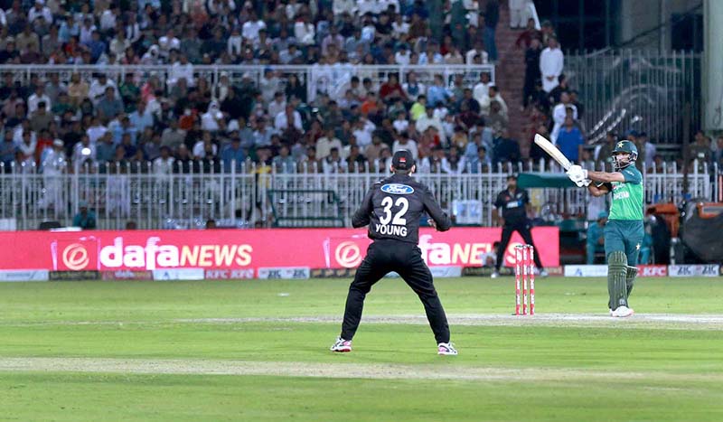 Pakistani batter skips from a bouncer delivery during the first One Day International (ODI) match between Pakistan and New Zealand at the Pindi Cricket Stadium