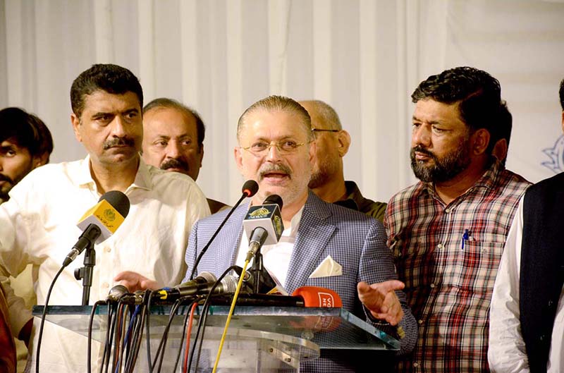 Sindh Minister for Information Sharjeel Inam Memon talking to media persons before an Iftar and Dinner in honour of Journalists at Karachi Press Club (KPC)