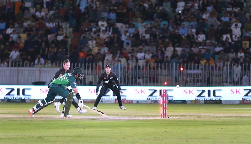 Pakistani batter skips from a bouncer delivery during the first One Day International (ODI) match between Pakistan and New Zealand at the Pindi Cricket Stadium