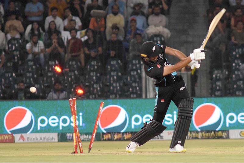 New Zealand player bowled out by Shaheen Shah Afridi during the Pakistan vs. New Zealand 3rd Twenty20 match at the Gaddafi Cricket Stadium