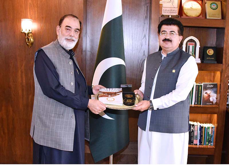 Chairman Senate, Muhammad Sadiq Sanjrani presenting the Commemorative Medallion, Coin and Stamp in connection of the Golden Jubilee Celebrations of the Senate Of Pakistan to Senator Muhammad Talha Mahmood at Parliament House