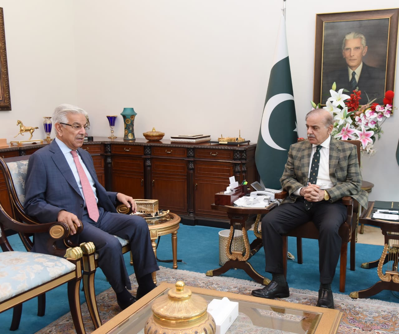 A two member delegation of Awami National Party comprising of Aimal Wali Khan and Jawad khattak calls on Prime Minister Muhammad Shehbaz Sharif