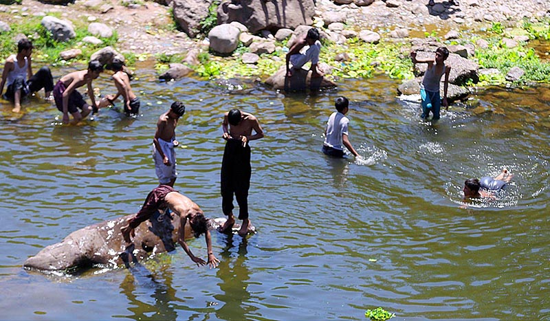 Youngsters swimming in a pond of water near Rawal Dam to keep them cool during a hot weather