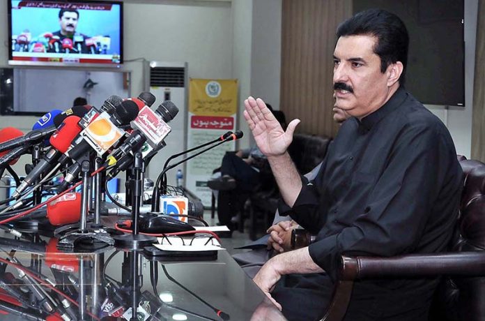 Minister of State on Poverty Alleviation & Social Safety Faisal Karim Kundi addressing a press conference at Press Information Department