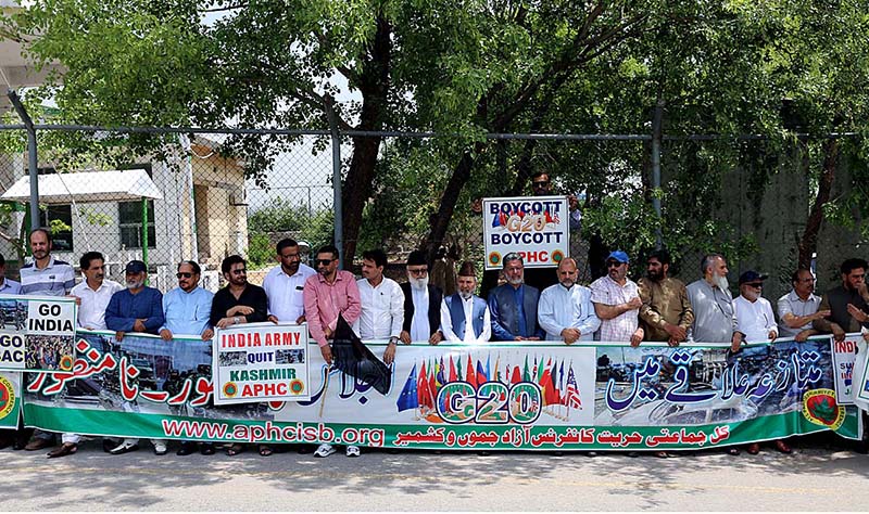 Kashmiris belonging to All Parties Hurriyat Conference (APHC) holds an Anti-India protest outside the office of the United Nations Military Observers Group in India and Pakistan (UNMOGIP) for hosting G20 tourism meeting in the disputed Himalyan Kashmir