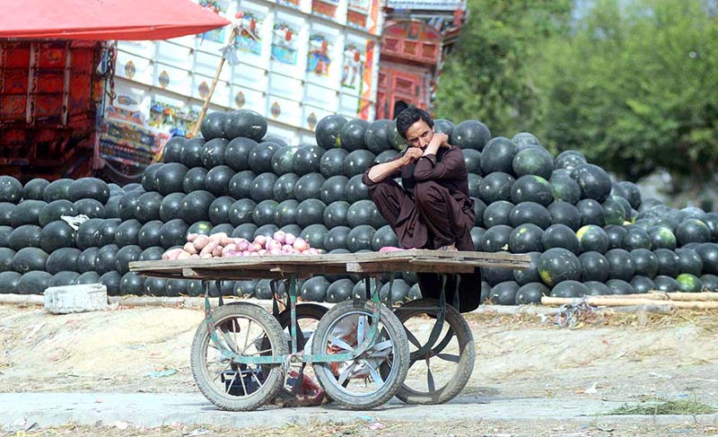 A vendor waiting for customers sitting on his handcart in fruits and vegetables market