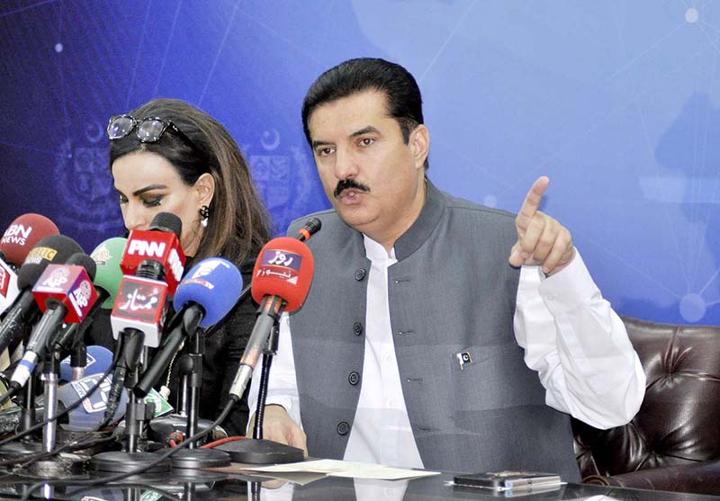 Federal Minister for Climate Change Senator Sherry Rehman and State Minister for Poverty Alleviation and Social Safety, Faisal Karim Kundi addressing a Press conference at PID media center