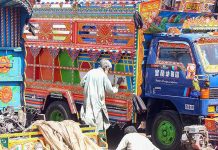 An artisan painting a delivery truck at Pirwahdi