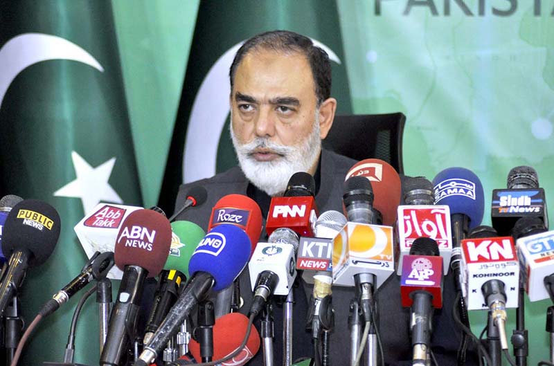 Federal Minister for Religious Affairs and Interfaith Harmony, Senator Muhammad Talha Mahmood addressing a press conference at PTV HQ