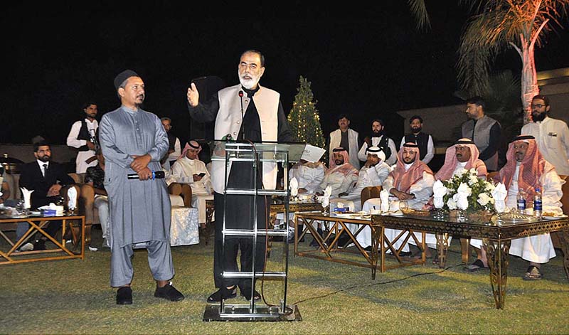 Federal Minister for Religious Affairs and Interfaith Harmony Senator Muhammad Talha Mahmood addressing during the dinner hosted in the honor of H.E. Nawaf Saeed Bin Al Malkiy, Ambassador of the Kingdom of Saudi Arabia & Route to Makkah delegation at his Farmhouse on late Saturday night