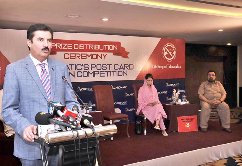 Minister of State for Poverty Alleviation and Social Safety Faisal Karim Kundi addressing during the Prize Distribution ceremony for the youth winners of Chromatic’s Postcard Compition on the occasion of World No Tobacco Day