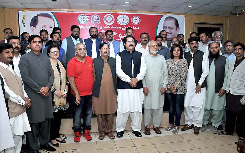 President PFUJ Afzal Butt and General Secretary of CDA Chaudhry Yasin welcoming chief guest Federal Minister Overseas and Human Resource Development Sajid Hussain Turi on Labour Day seminar at National Press Club