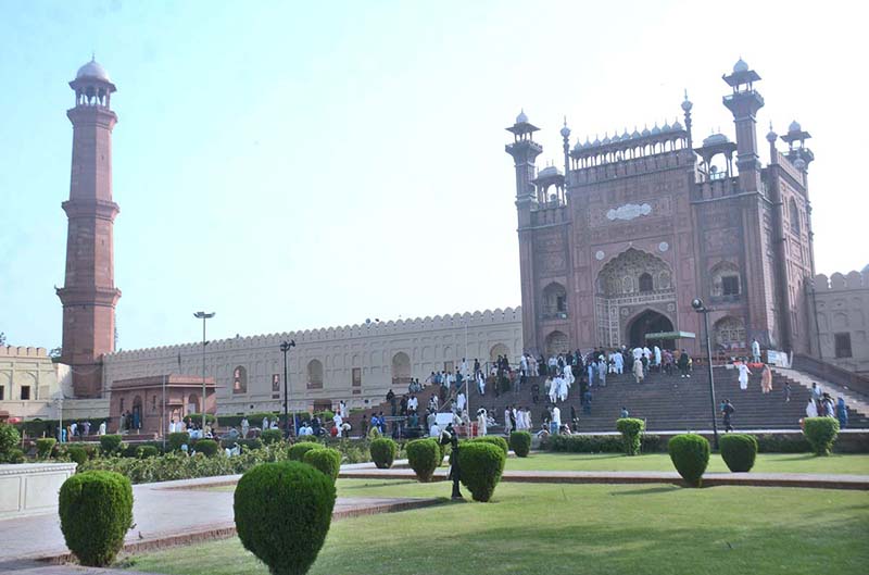 A view of historic Badshahi Masjid located on the west side of Shahi Qila along the outskirts of the Walled City of Lahore and widely considered to be one of Lahore’s most iconic landmarks. The Badshahi Mosque was built by Emperor Aurangzeb in 1671, with construction of the Masjid lasting for two years until 1673