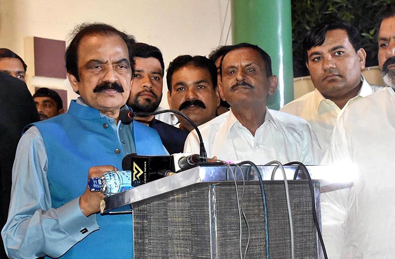 Federal Interior Minister Rana Sana Ullah Khan is addressing to a public gathering at Painsra Jhang Road