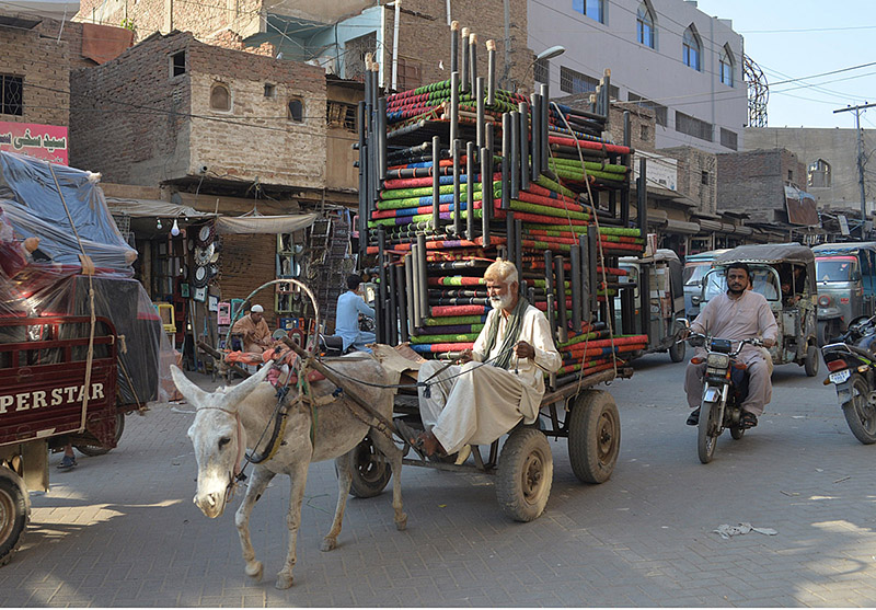 A donkey cart holder on the way loaded with traditional bad (charpai) at Fort Road