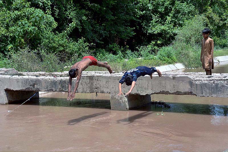 Youngsters jump into the canal for bathing to get some relief from hot weather in the city