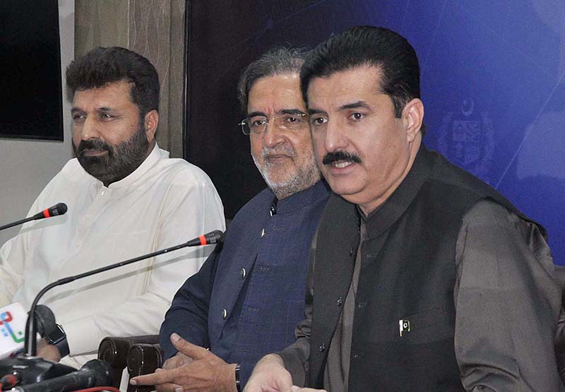 Minister of State for Poverty Alleviation & Social Safety Faisal Karim Kundi with Federal Minister for Kashmir Affairs Qamar Zaman Kaira addressing a press conference at PID Media Center