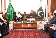 Speaker National Assembly Raja Pervez Ashraf in a meeting with Saudi delegation led by Chairman of Majlis Al-Shura Kingdom of Saudi Arabia Dr. Abdullah bin Mohammed Bin Ibrahim Al-Sheikh at Parliament House