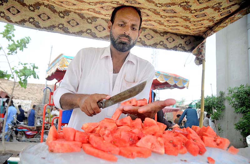 A vendor cutting watermelon in pieces to attract the customers at his roadside setup