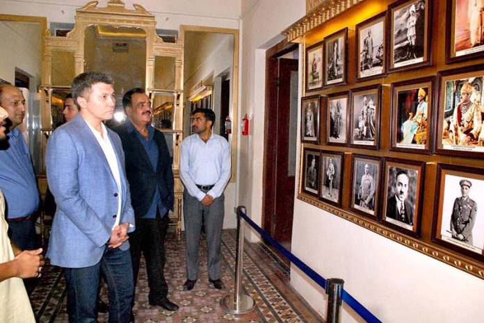 Ambassador of Kazakhstan to Pakistan Yerzhan Kistafin is being briefed about the history of Bahawalpur State and the contributions of Nawab of Bahawalpur Sir Sadiq Muhammad Khan Abbasi to Pakistan during his visit to Noor Mahal