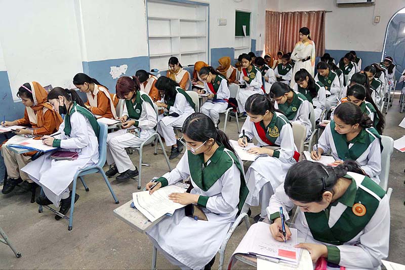 Students taking annual examination of SSC part II (class X) at Saint Mary Girls High School