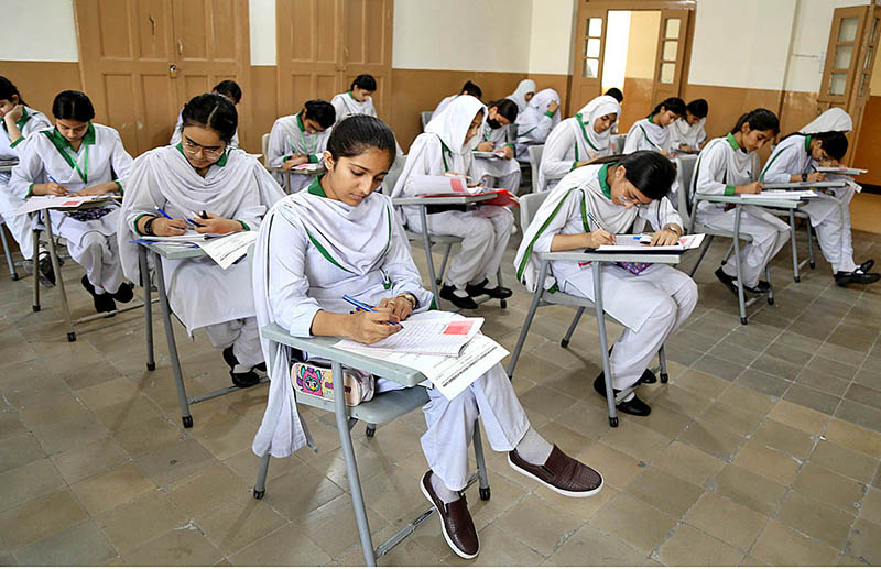 Students taking annual examination of SSC part II (class X) at Saint Mary Girls High School