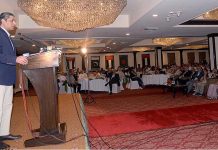 Federal Minister for Inter- Provincial Coordination Mr. Ehsan Ur Rehman Mazari addressing the opening ceremony of the BFAME (Bridge Federation of Asia & Middle East-Zone 4 of WBF) Championship at local hotel
