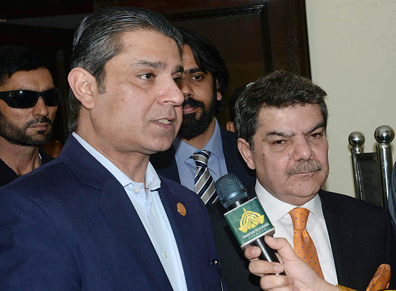 Federal Minister for Inter- Provincial Coordination Mr. Ehsan Ur Rehman Mazari talking to media at the opening ceremony of the BFAME (Bridge Federation of Asia & Middle East-Zone 4 of WBF) Championship at local hotel